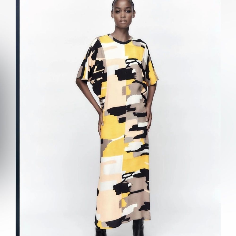 ZARA PRINTED MIDI DRESS LIMITED EDITION MUSTARD NEW Size L - Picture 3 of 3